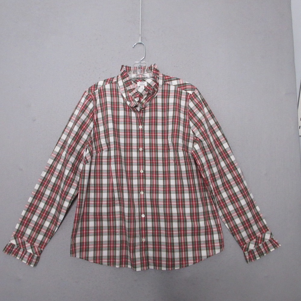 J.Crew Top XL Red Plaid Tartan Button Up Ruffle Neck Regenerative Collection